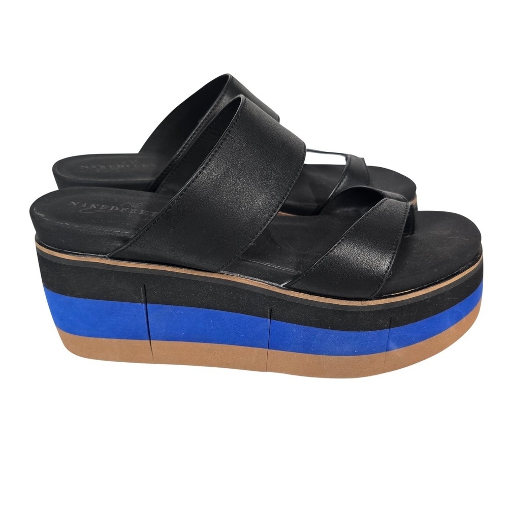 Naked Feet Womens Black Leather Retro Striped Platform Sandals 10M Beach 80s